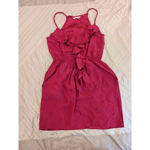 Rebecca Taylor fuschia ruffle front sleeveless silk dress sz 12 euc - Picture 2 of 6